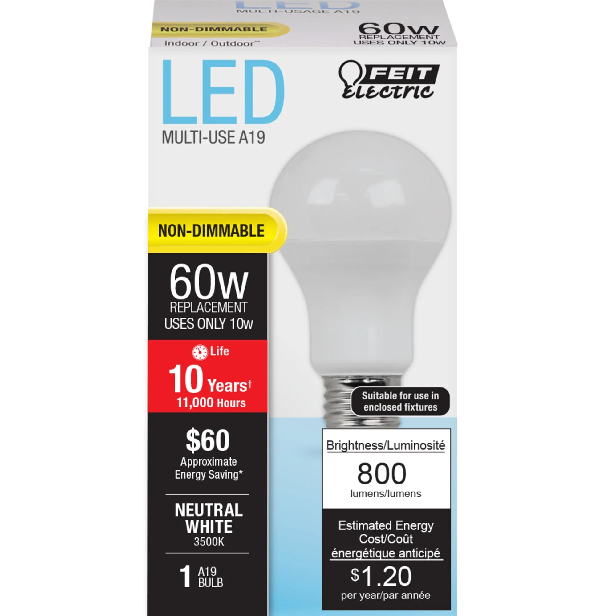 10W (60W Replacement) Neutral White (3500K) E26 Base A19 Non-Dimmable LED Light Bulb
