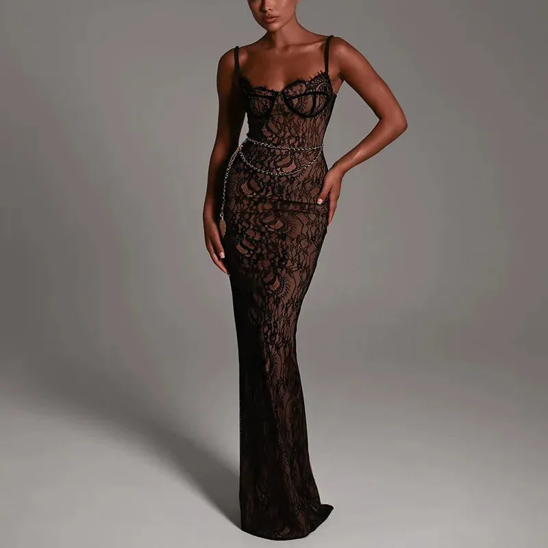 2024 New Spring Lace Stitching Backless Slit Elegant Maxi Dress