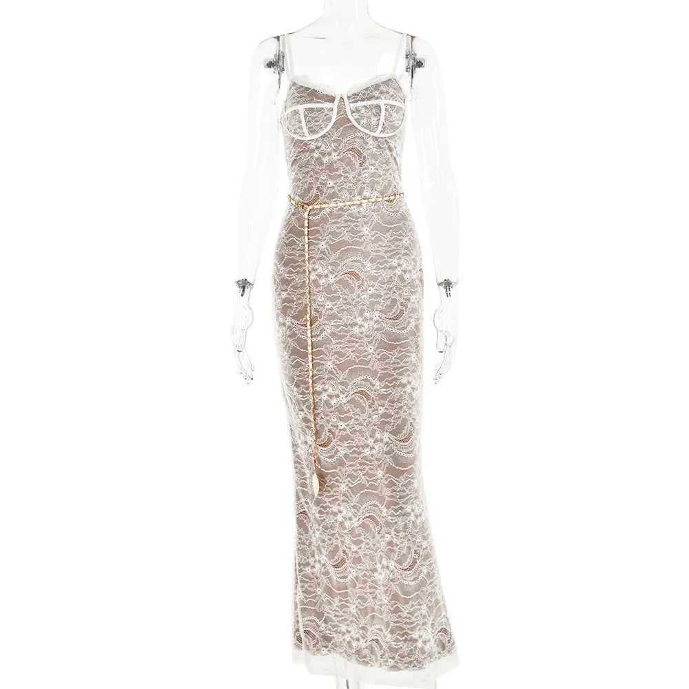 2024 New Spring Lace Stitching Backless Slit Elegant Maxi Dress