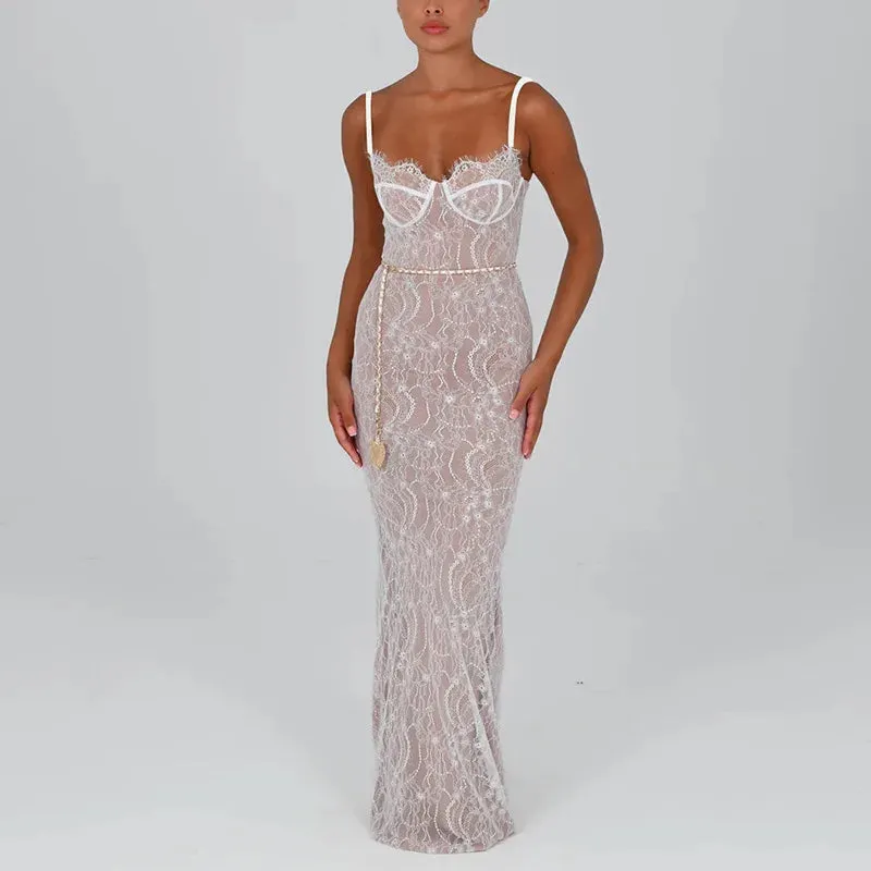 2024 New Spring Lace Stitching Backless Slit Elegant Maxi Dress