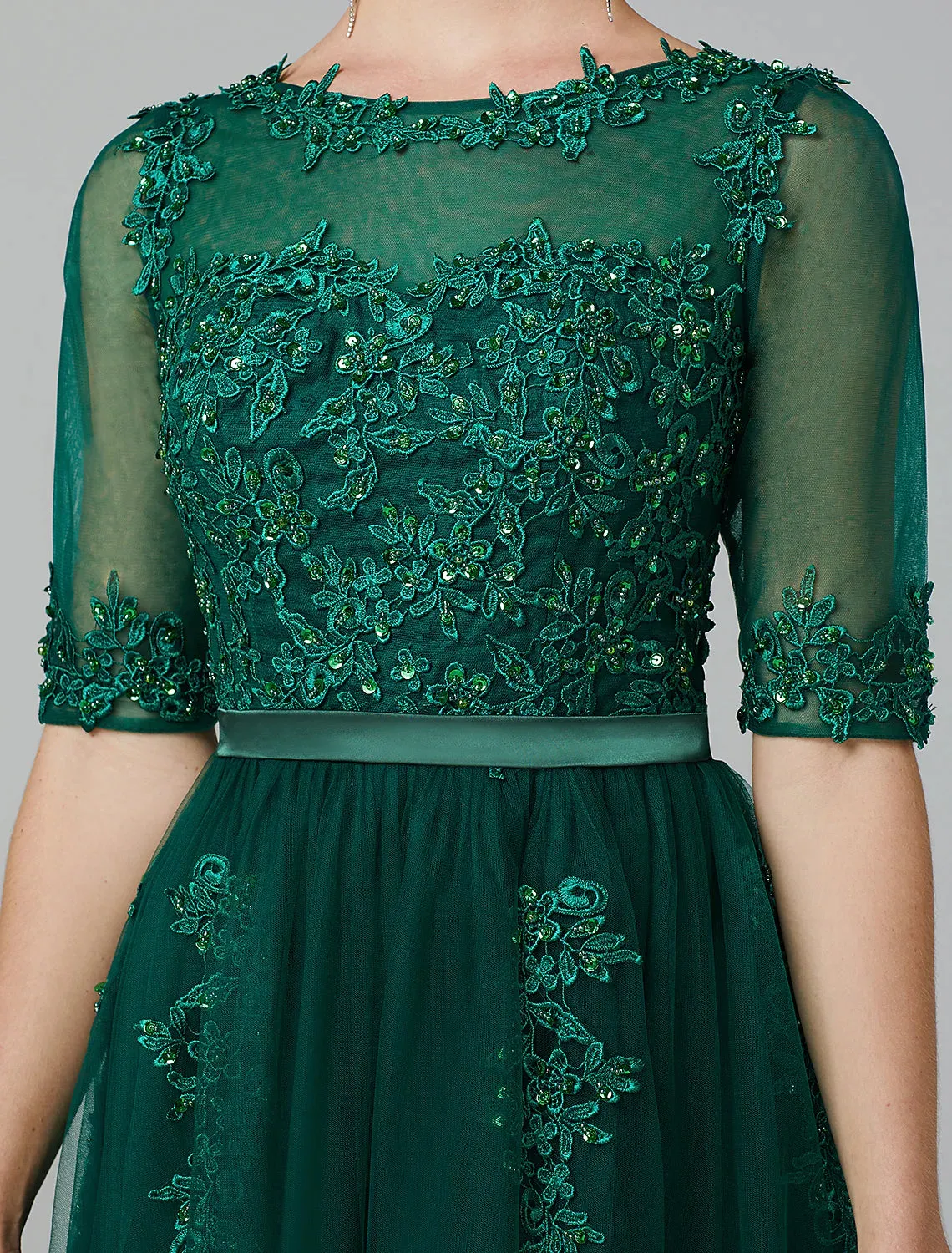 A-Line Elegant Dress Wedding Guest Tea Length Short Sleeve Off Shoulder Tulle with Sash / Ribbon Criss Cross