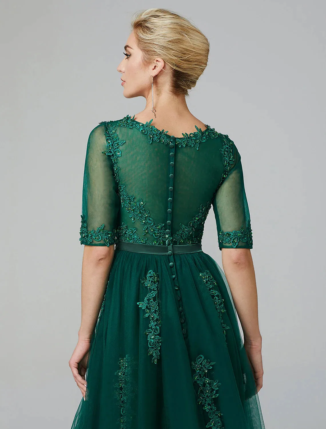 A-Line Elegant Dress Wedding Guest Tea Length Short Sleeve Off Shoulder Tulle with Sash / Ribbon Criss Cross
