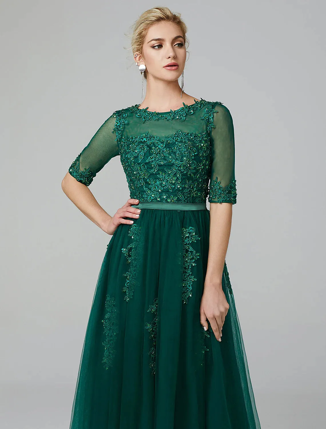 A-Line Elegant Dress Wedding Guest Tea Length Short Sleeve Off Shoulder Tulle with Sash / Ribbon Criss Cross