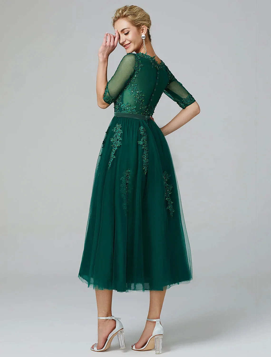 A-Line Elegant Dress Wedding Guest Tea Length Short Sleeve Off Shoulder Tulle with Sash / Ribbon Criss Cross