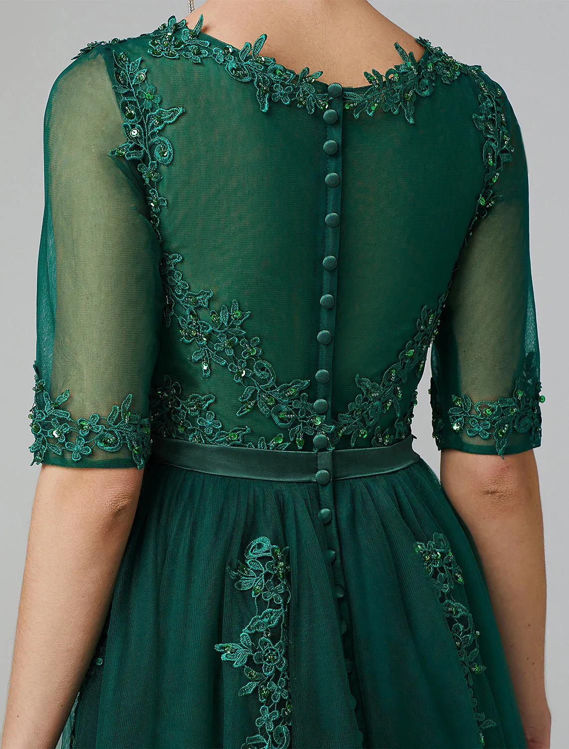 A-Line Elegant Dress Wedding Guest Tea Length Short Sleeve Off Shoulder Tulle with Sash / Ribbon Criss Cross