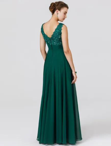 A-Line Elegant Prom Dress Wedding Floor Length Sleeveless V Neck Chiffon Back Beading