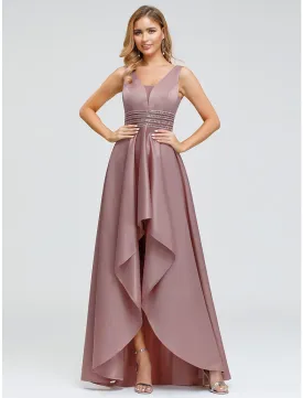 A-Line Elegant Wedding Guest Cocktail Party Dress V Neck V Back Sleeveless Asymmetrical Polyester with Crystals Beading