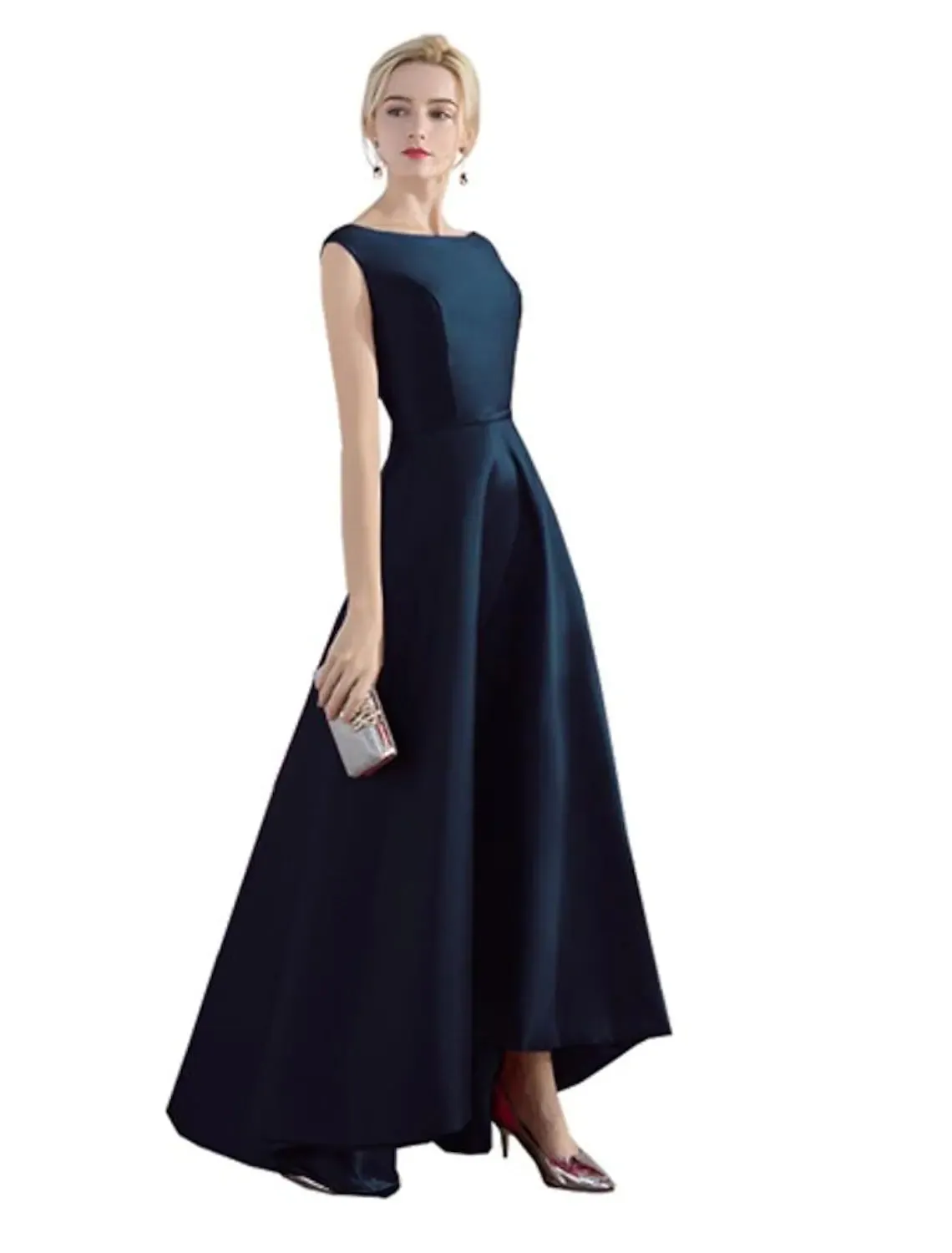 A-Line Evening Gown Elegant Minimalist Dress Party Wear Wedding Guest Asymmetrical Sleeveless Jewel Neck Satin with Sleek