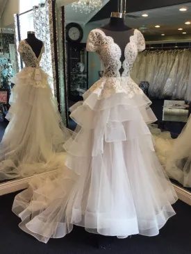 A-line Illusion Sweep Train Organza Appliqued Beaded Wedding Dresses SWD015