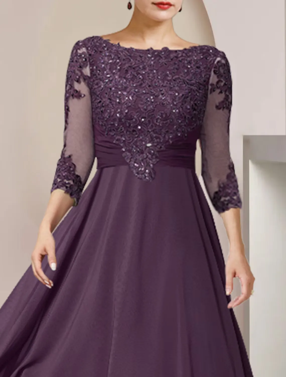 A-Line Mother of the Bride Dress Formal Wedding Guest Elegant High Low Scoop Neck Asymmetrical Chiffon Lace Sleeve with Sequin Tier Appliques
