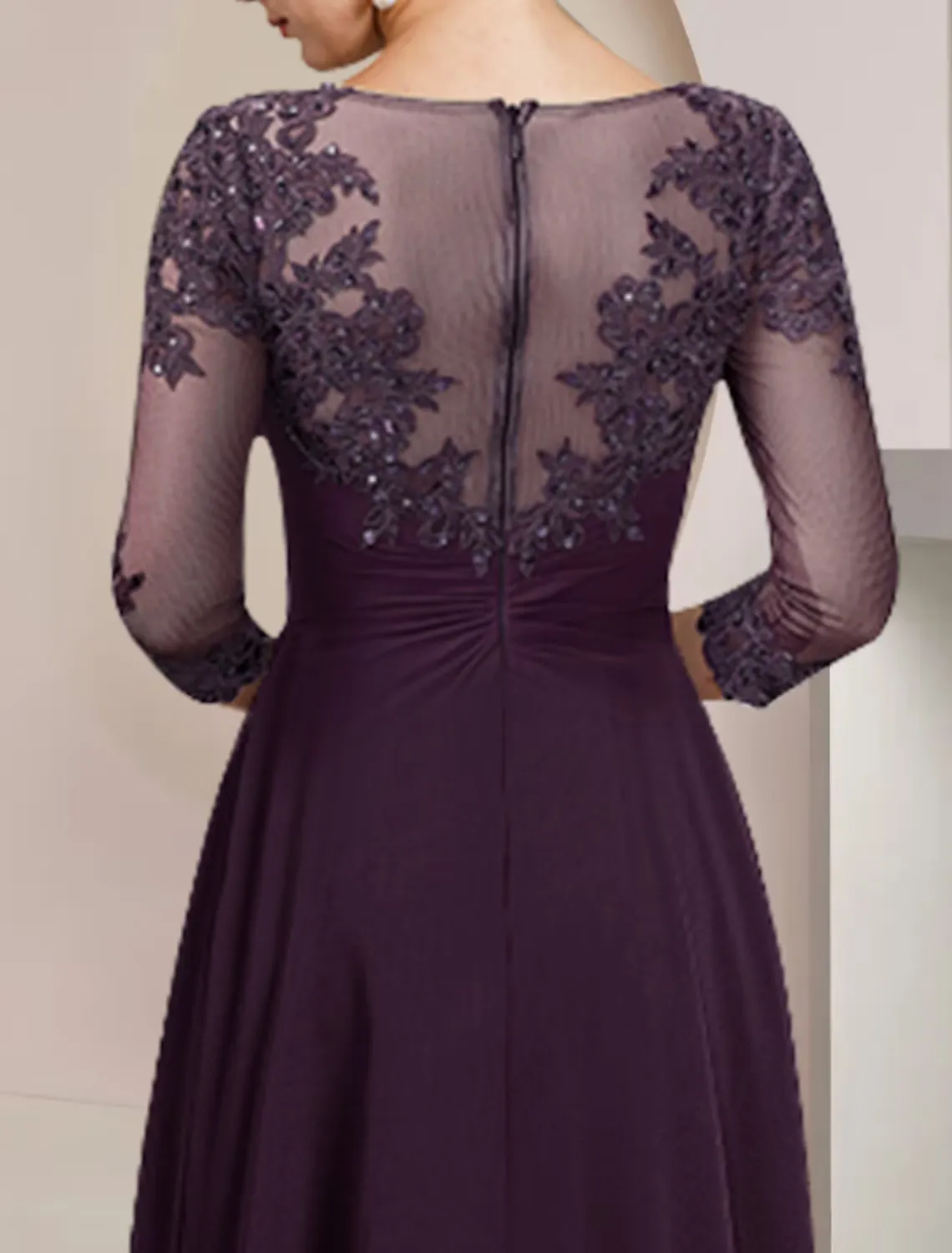A-Line Mother of the Bride Dress Formal Wedding Guest Elegant High Low Scoop Neck Asymmetrical Chiffon Lace Sleeve with Sequin Tier Appliques