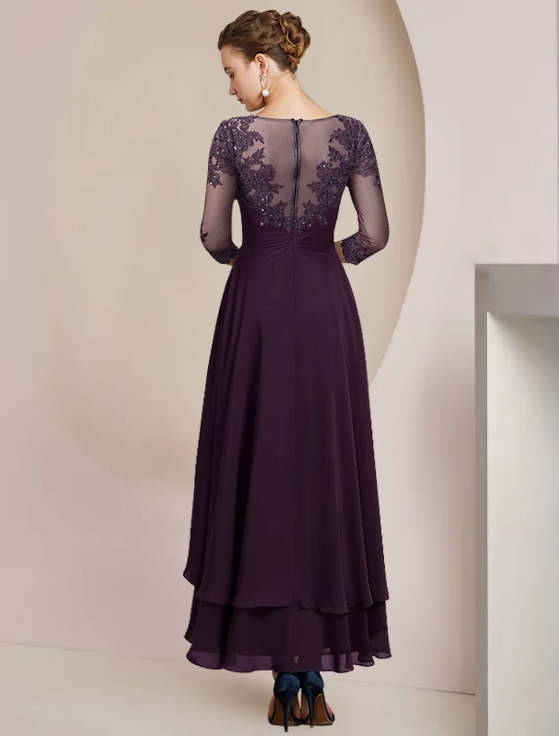 A-Line Mother of the Bride Dress Formal Wedding Guest Elegant High Low Scoop Neck Asymmetrical Chiffon Lace Sleeve with Sequin Tier Appliques