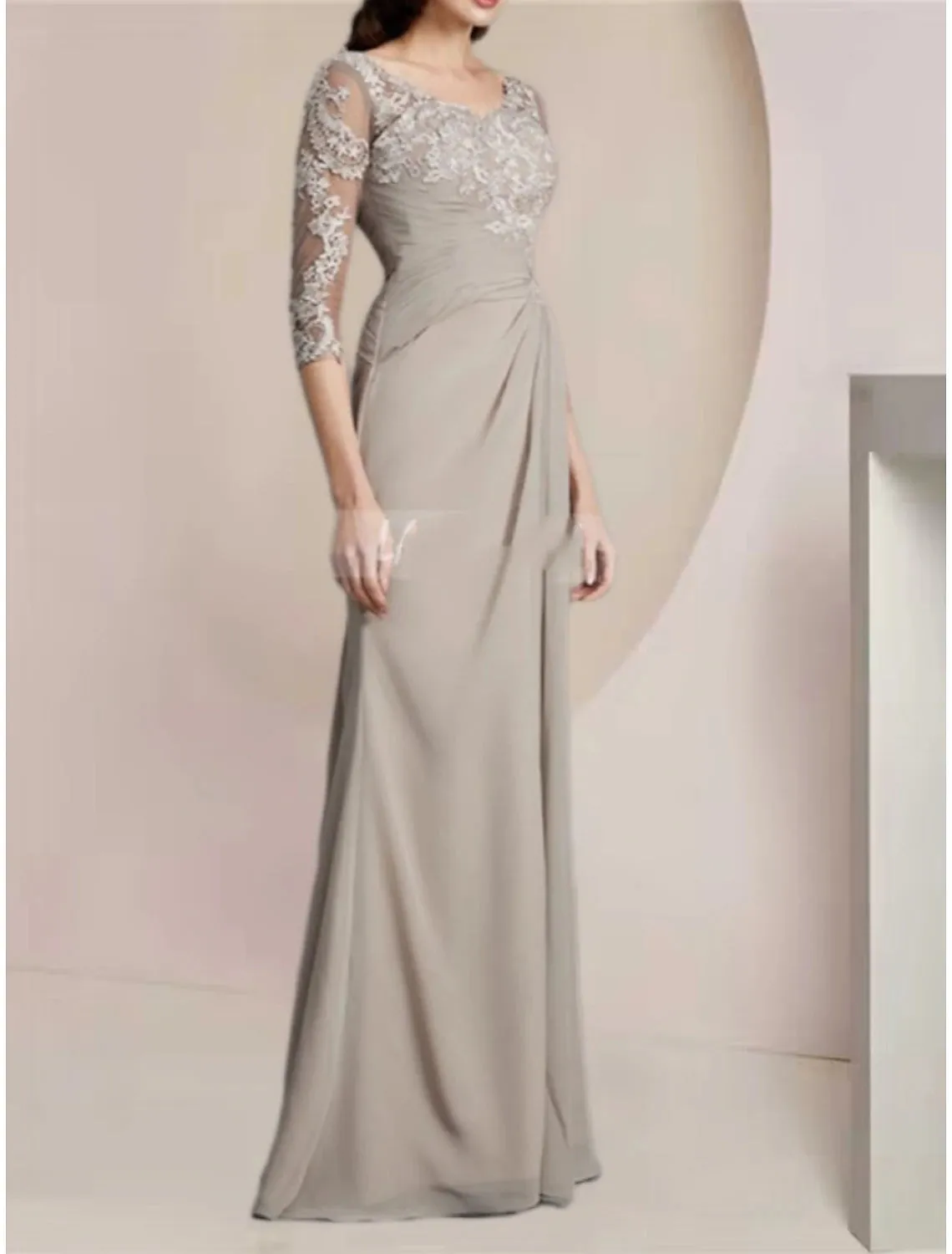 A-Line Mother of the Bride Dress Wedding Guest Elegant Scoop Neck Floor Length Chiffon Half Sleeve with Lace Ruching Solid Color