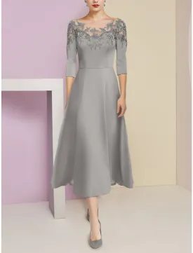 A-Line Mother of the Bride Dress Wedding Guest Elegant Scoop Neck Tea Length Stretch Chiffon Half Sleeve with Lace Ruching Solid Color