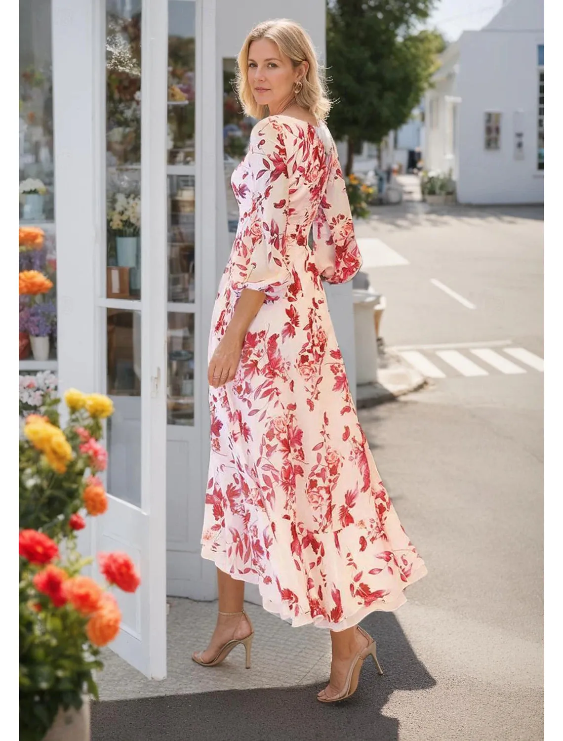 A-Line Mother of the Bride Dress Wedding Guest Elegant V Neck Asymmetrical Chiffon 3/4 Length Sleeve