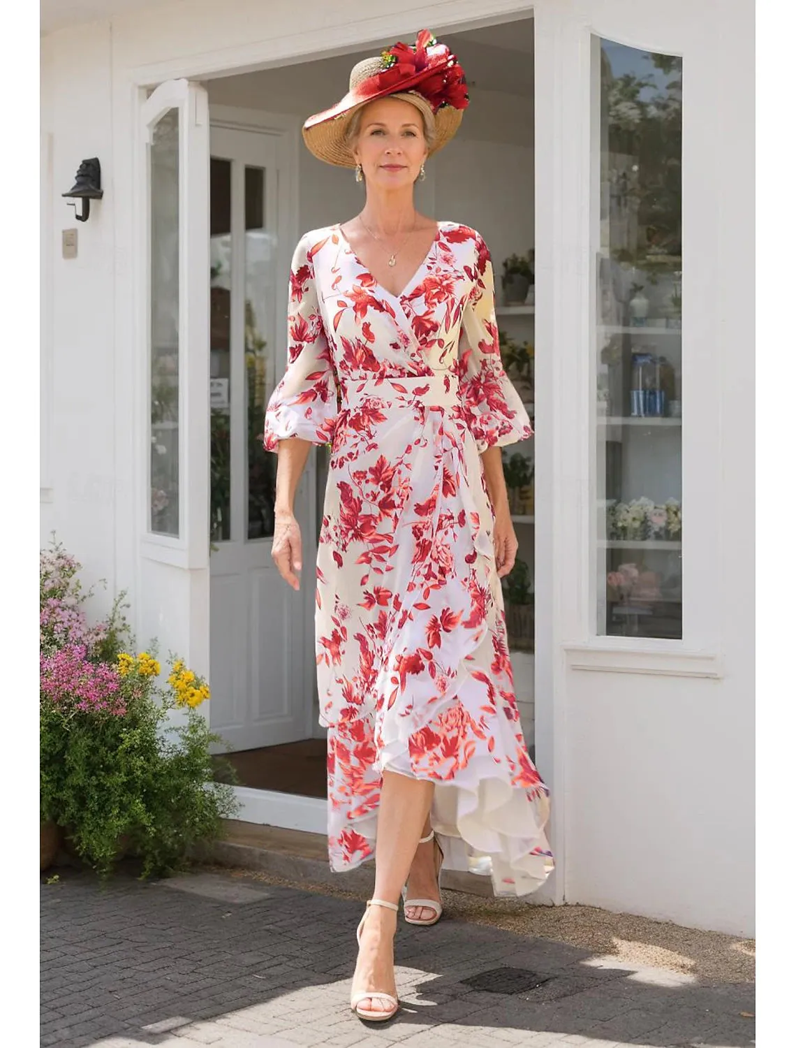 A-Line Mother of the Bride Dress Wedding Guest Elegant V Neck Asymmetrical Chiffon 3/4 Length Sleeve
