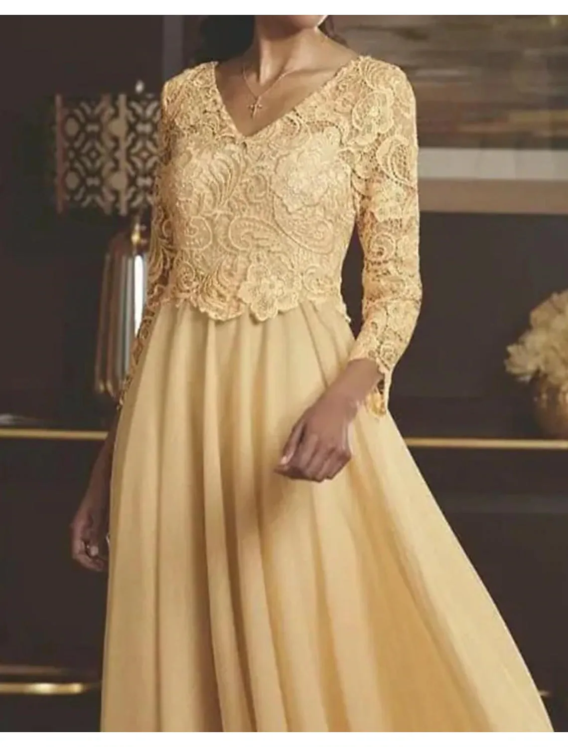 A-Line Mother of the Bride Dress Wedding Guest Elegant V Neck Tea Length Chiffon Lace 3/4 Length Sleeve with Pleats Appliques