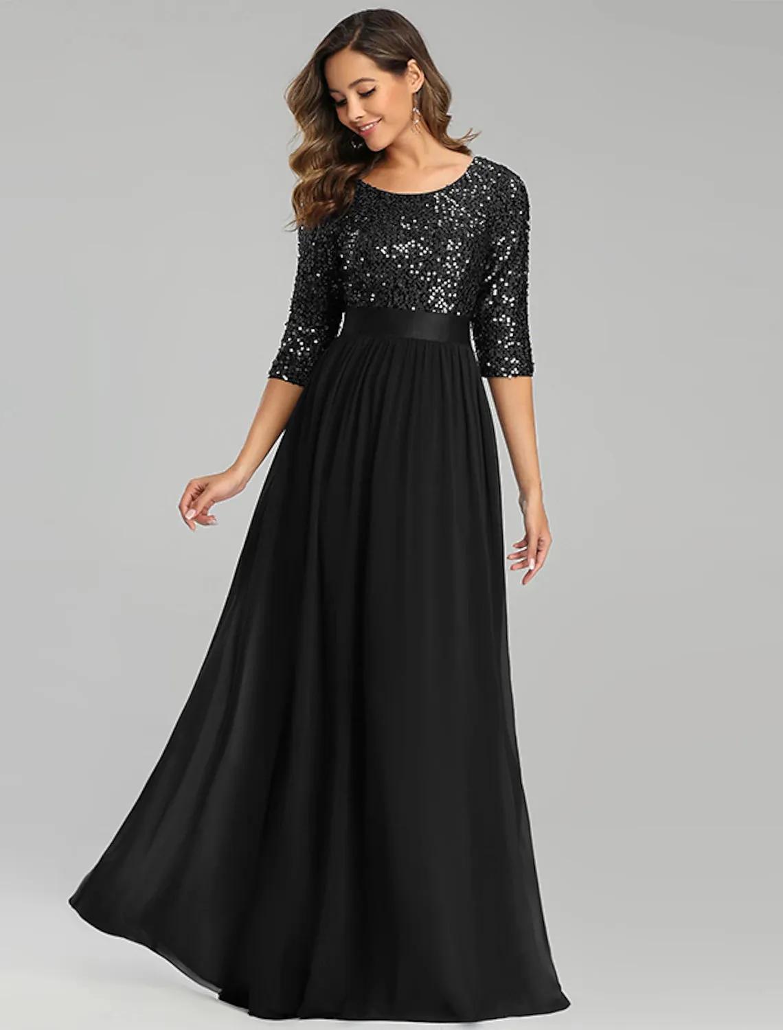 A-Line Mother of the Bride Dress Wedding Guest Plus Size Elegant Jewel Neck Floor Length Tulle Sequined 3/4 Length Sleeve with Sequin Fall