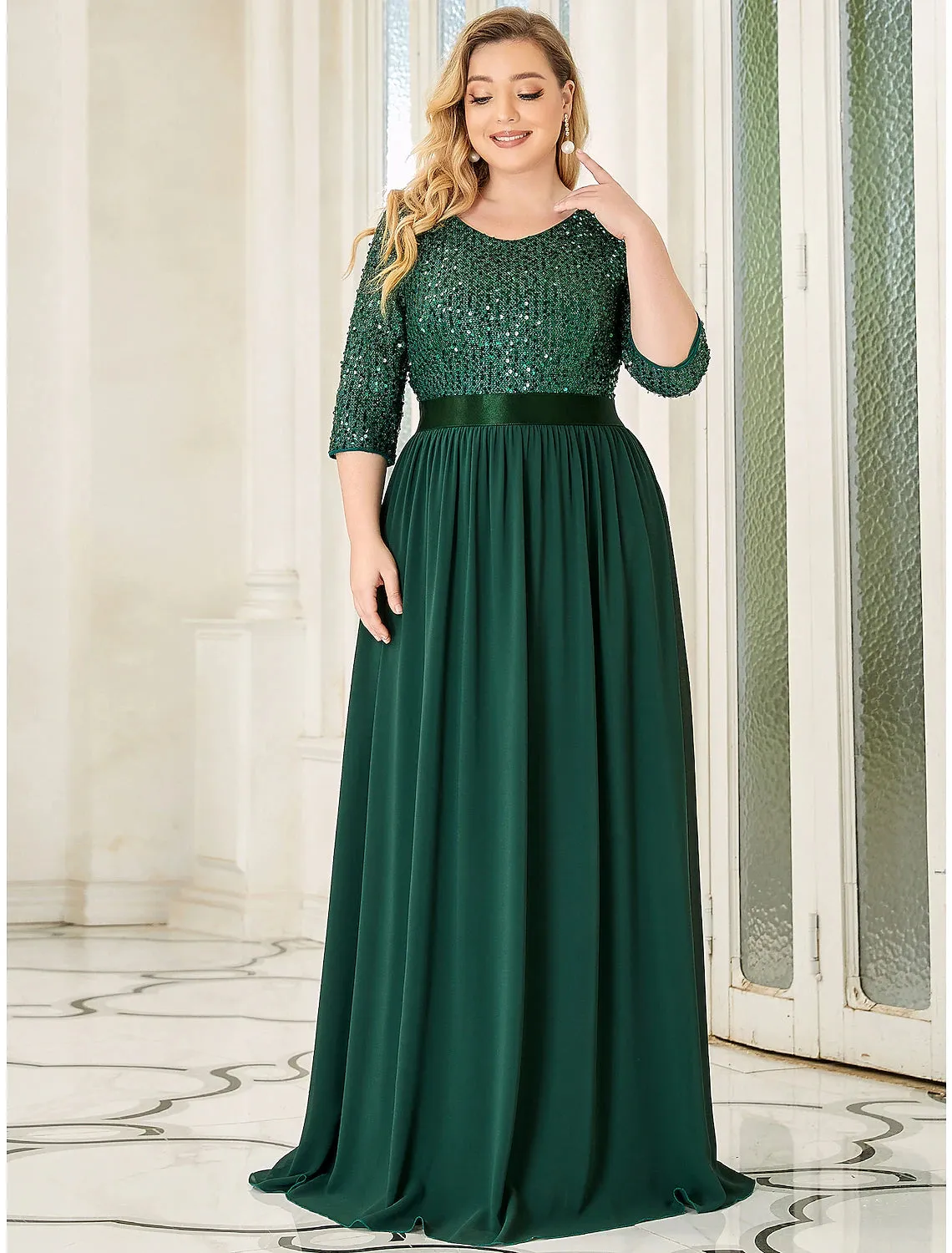 A-Line Mother of the Bride Dress Wedding Guest Plus Size Elegant Jewel Neck Floor Length Tulle Sequined 3/4 Length Sleeve with Sequin Fall