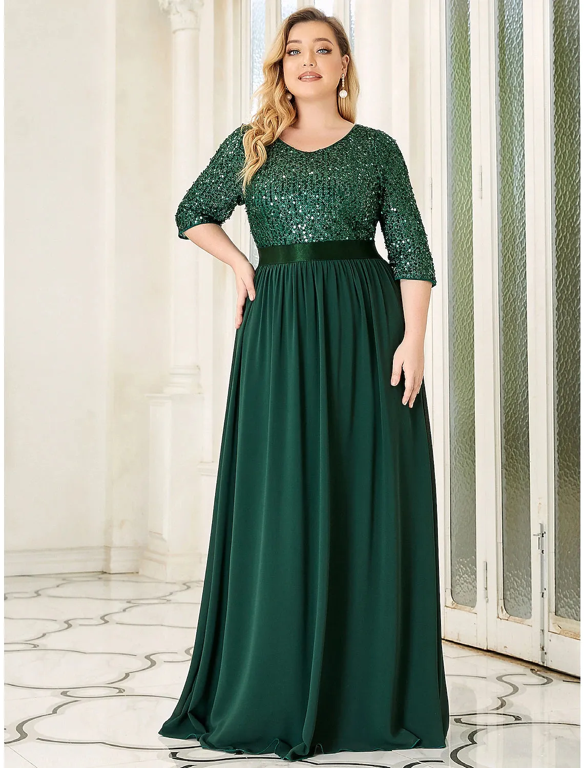 A-Line Mother of the Bride Dress Wedding Guest Plus Size Elegant Jewel Neck Floor Length Tulle Sequined 3/4 Length Sleeve with Sequin Fall