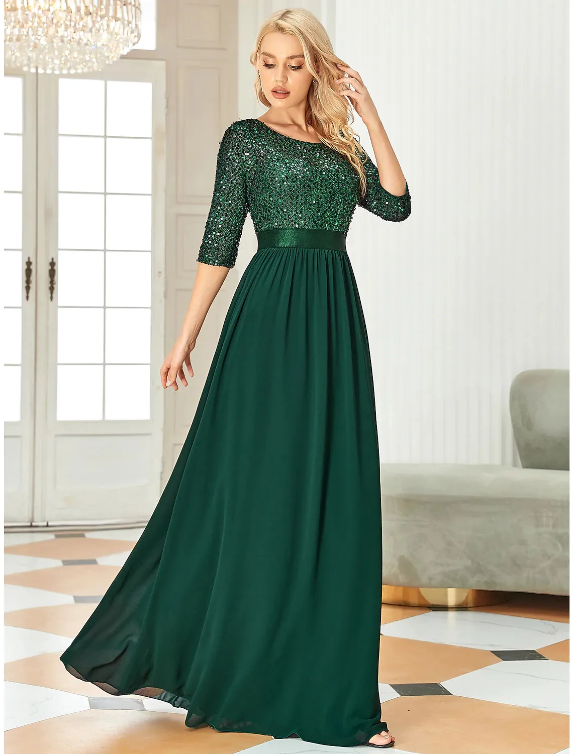 A-Line Mother of the Bride Dress Wedding Guest Plus Size Elegant Jewel Neck Floor Length Tulle Sequined 3/4 Length Sleeve with Sequin Fall