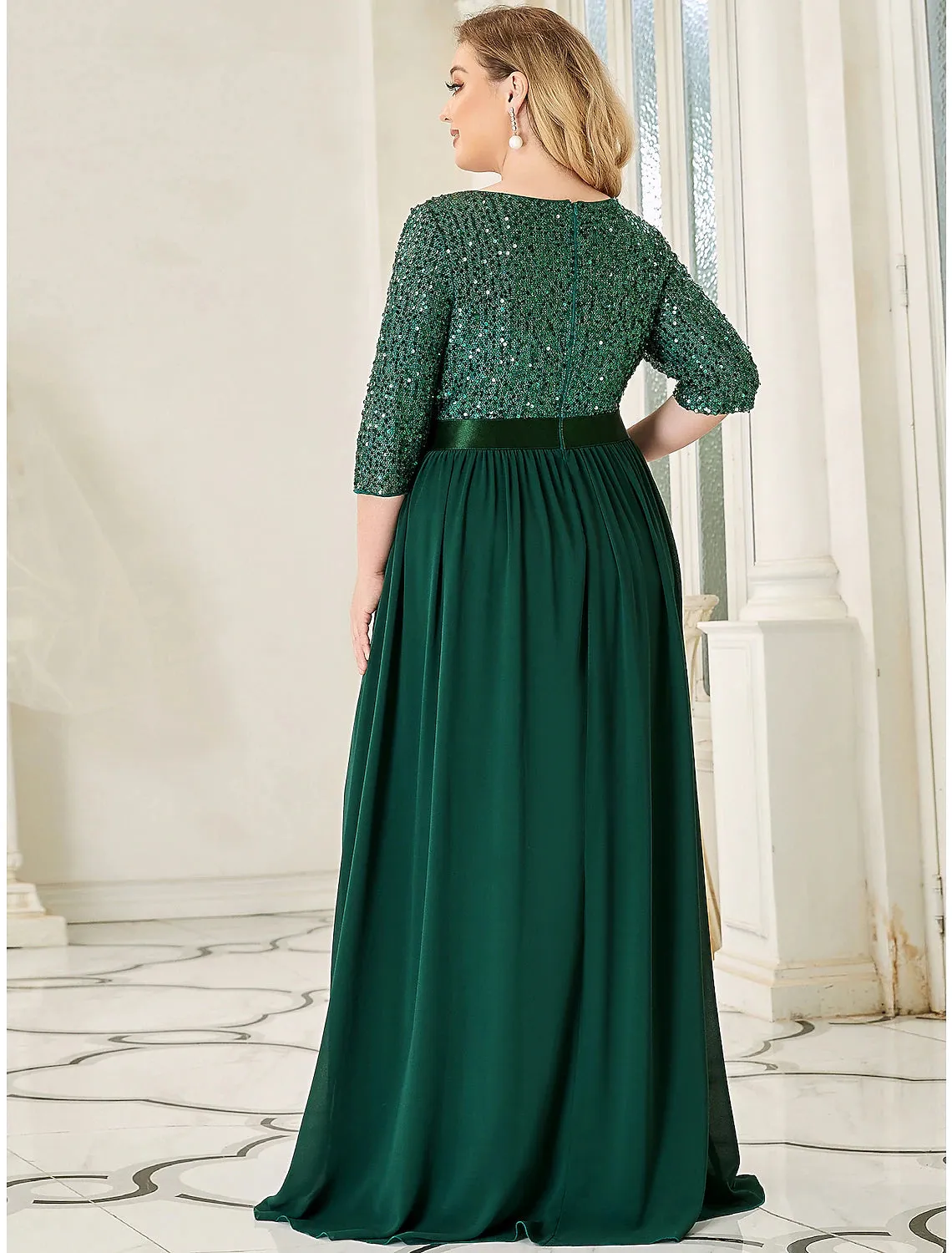 A-Line Mother of the Bride Dress Wedding Guest Plus Size Elegant Jewel Neck Floor Length Tulle Sequined 3/4 Length Sleeve with Sequin Fall