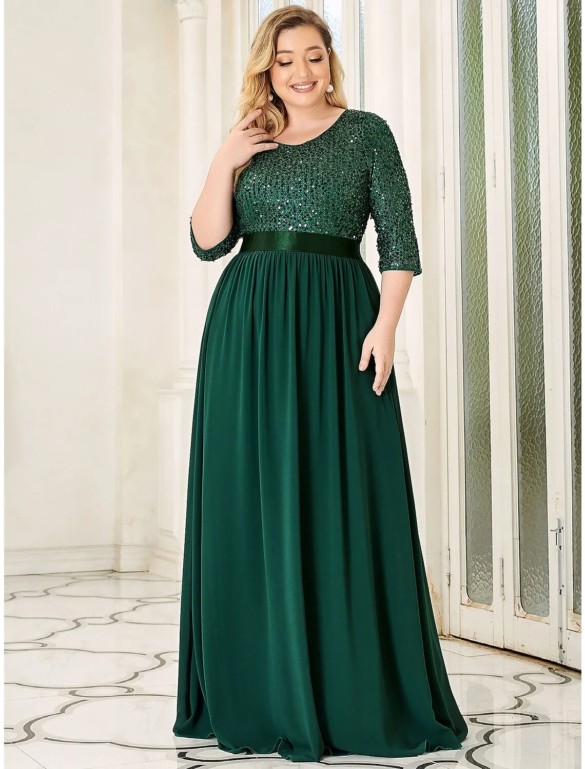 A-Line Mother of the Bride Dress Wedding Guest Plus Size Elegant Jewel Neck Floor Length Tulle Sequined 3/4 Length Sleeve with Sequin Fall