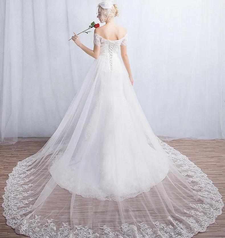 A-line Off-Shoulder Chapel Train Tulle Lace Beaded Ivory Wedding Dresses ASD26957