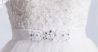 A-line Off-Shoulder Chapel Train Tulle Lace Beaded Ivory Wedding Dresses ASD26957