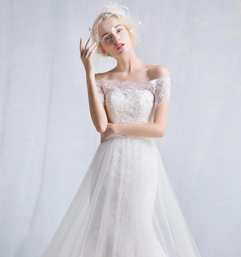 A-line Off-Shoulder Chapel Train Tulle Lace Beaded Ivory Wedding Dresses ASD26957