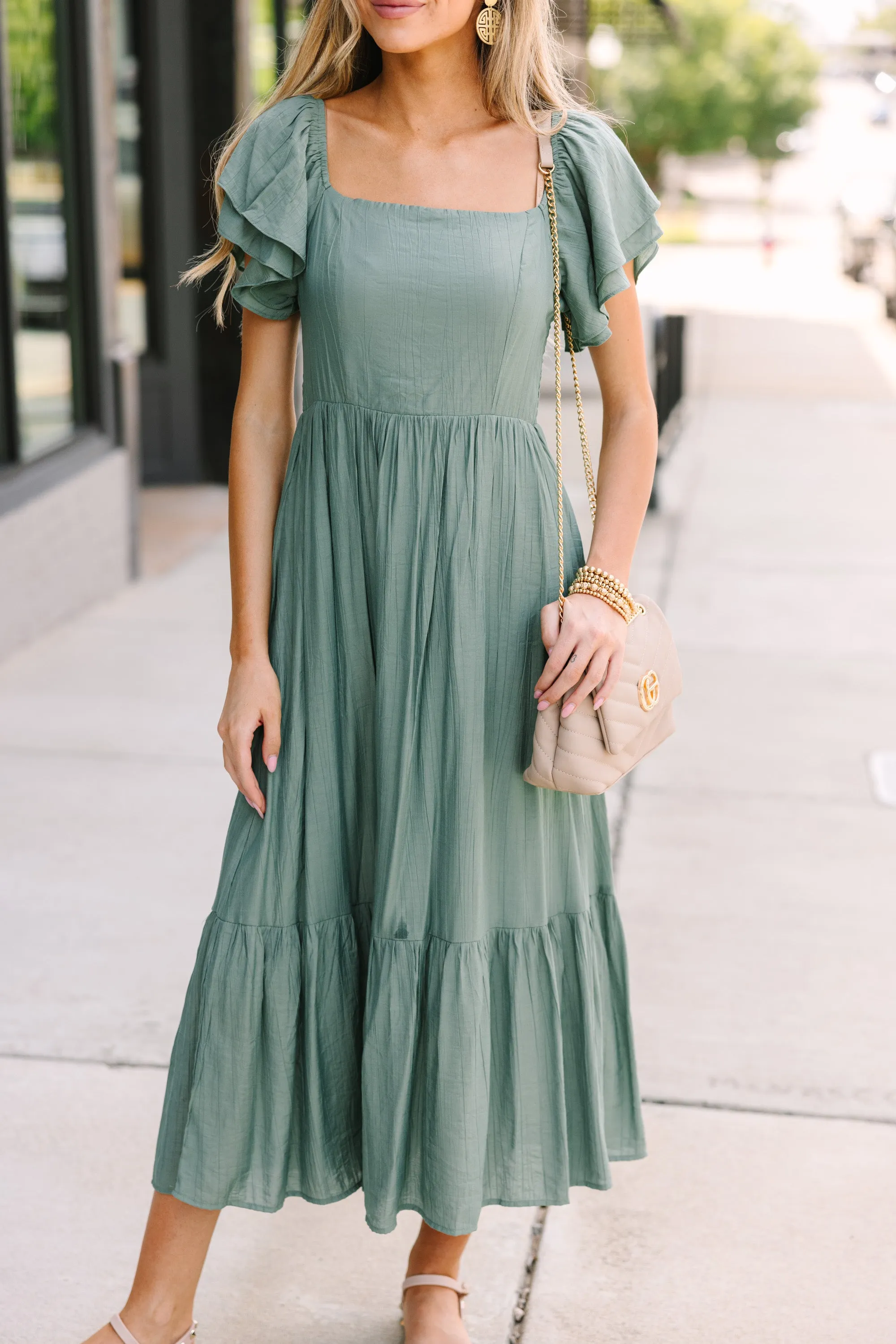 All Yours Deep Sage Green Ruffled Midi Dress