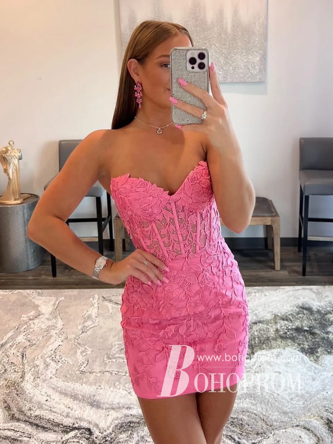 Attractive Strapless Sheath Homecoming Dresses Appliqued Short Gowns HD484