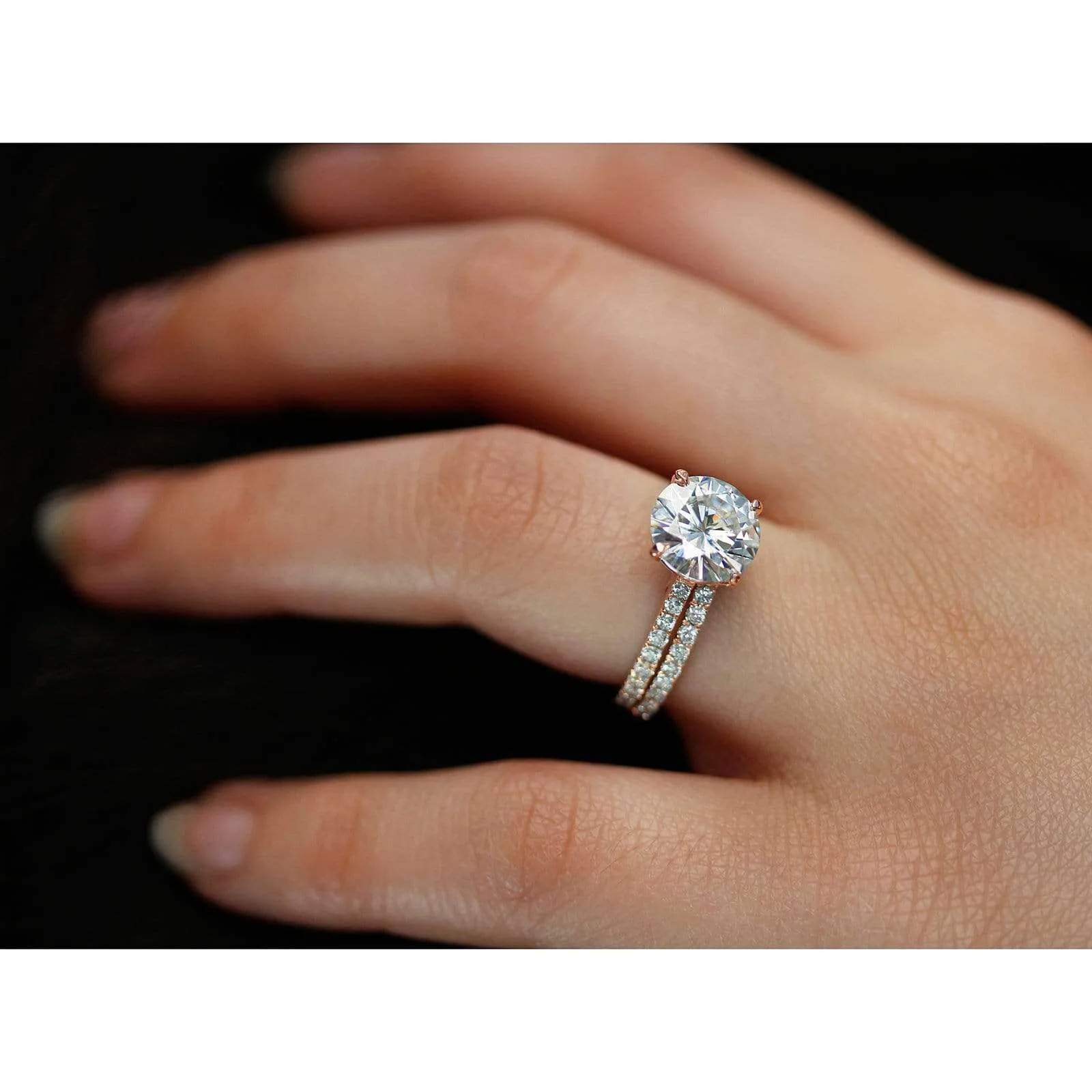 Basket Cathedral 9mm Moissanite and Diamond Rings 14k Rose Gold