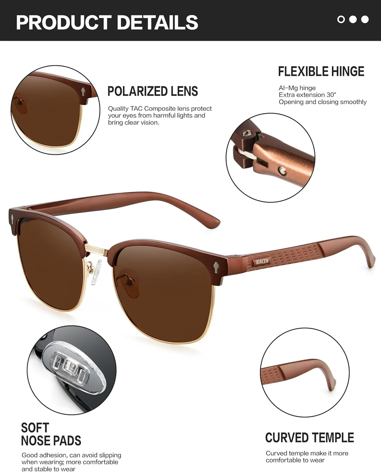 BIRCEN Polarized Sunglasses for Men UV - Protection Classic Shades for Driving Sports Fishing with Al-Mg Metal Frame