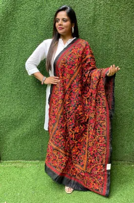 Black Hand Embroidered Kantha Bangalore Silk Dupatta