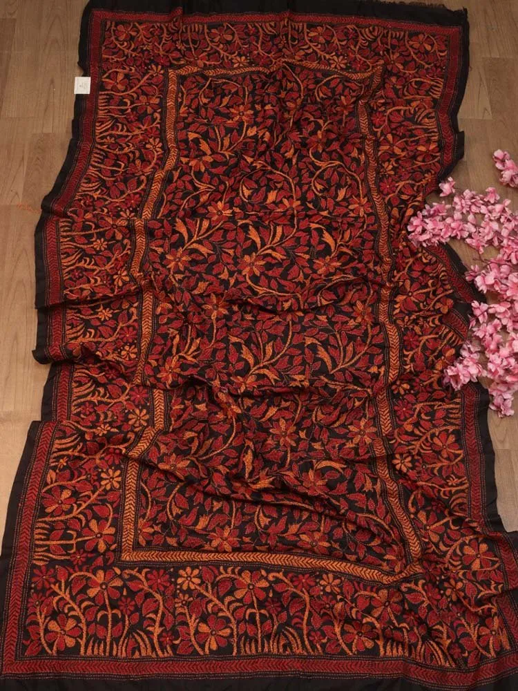 Black Hand Embroidered Kantha Bangalore Silk Dupatta