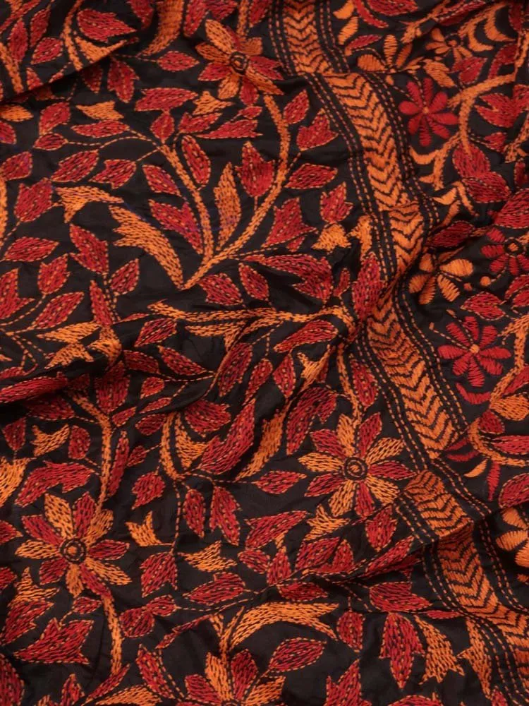Black Hand Embroidered Kantha Bangalore Silk Dupatta