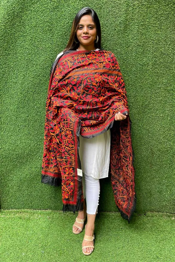 Black Hand Embroidered Kantha Bangalore Silk Dupatta