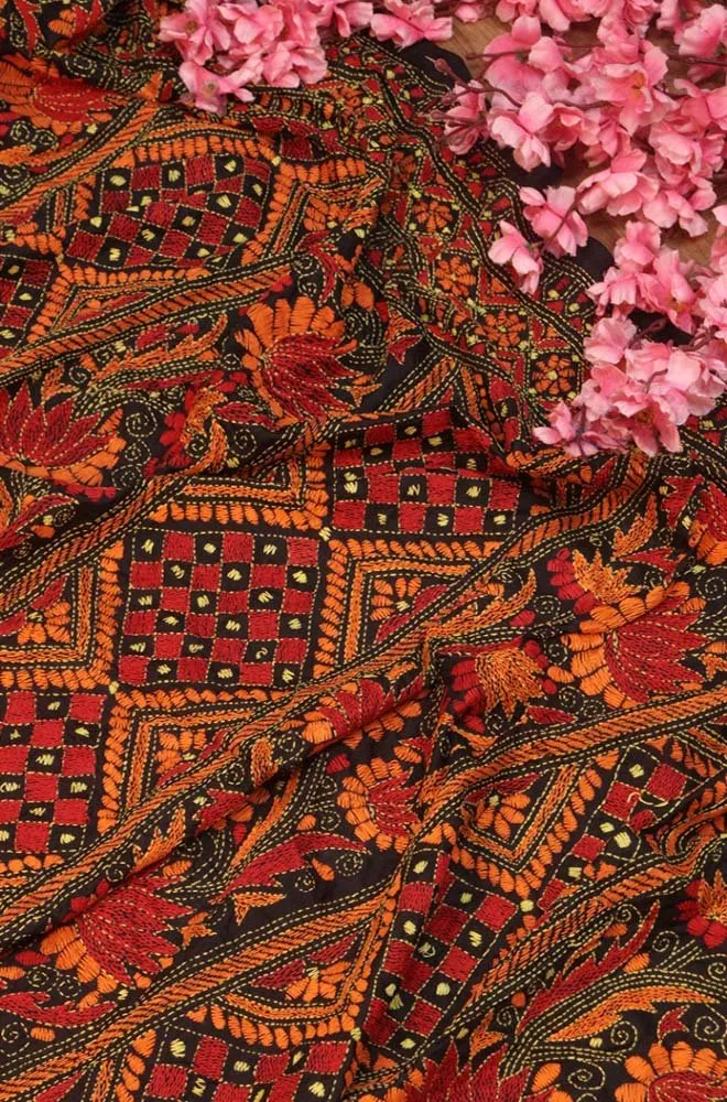Black Hand Embroidered Kantha Bangalore Silk Dupatta