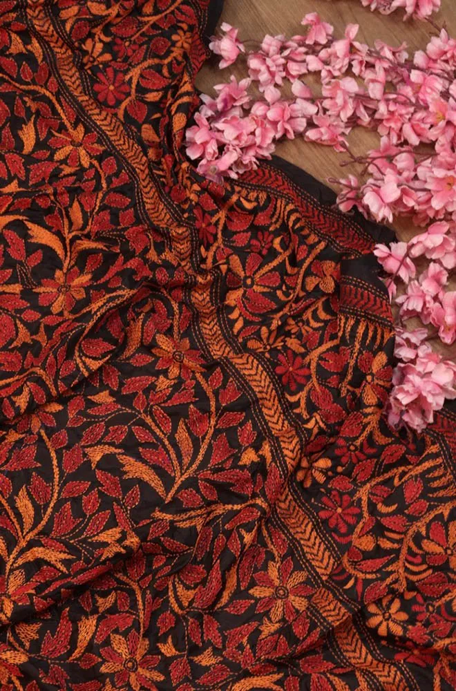 Black Hand Embroidered Kantha Bangalore Silk Dupatta