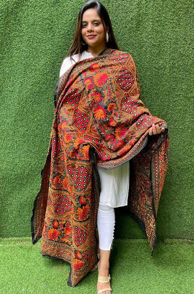 Black Hand Embroidered Kantha Bangalore Silk Dupatta