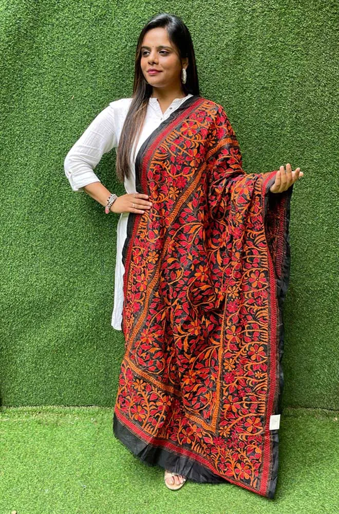 Black Hand Embroidered Kantha Bangalore Silk Dupatta
