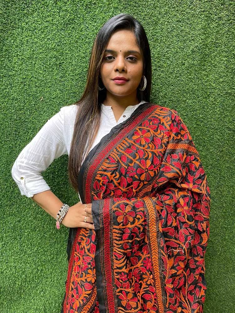 Black Hand Embroidered Kantha Bangalore Silk Dupatta