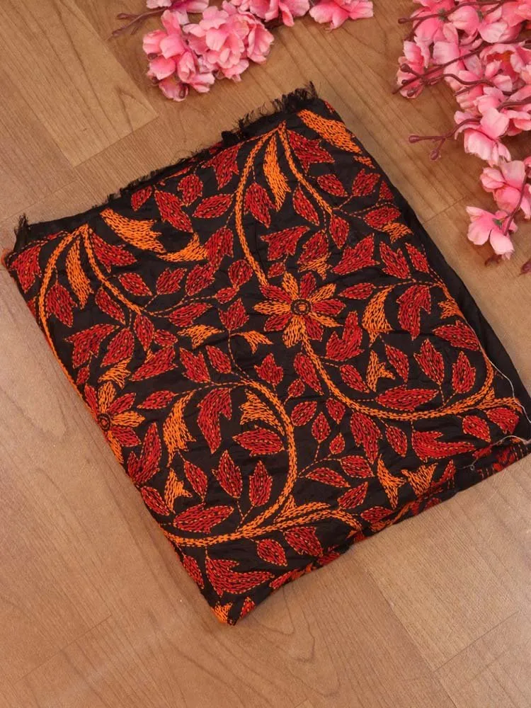 Black Hand Embroidered Kantha Bangalore Silk Dupatta