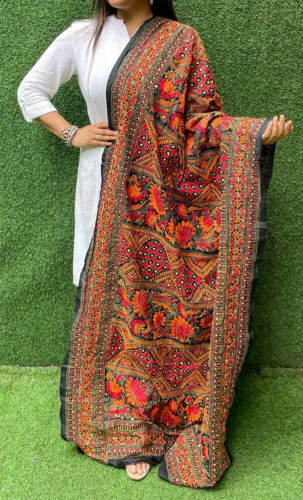 Black Hand Embroidered Kantha Bangalore Silk Dupatta