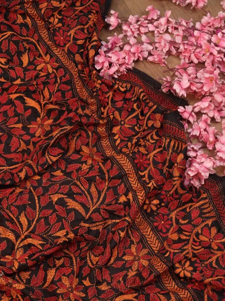 Black Hand Embroidered Kantha Bangalore Silk Dupatta