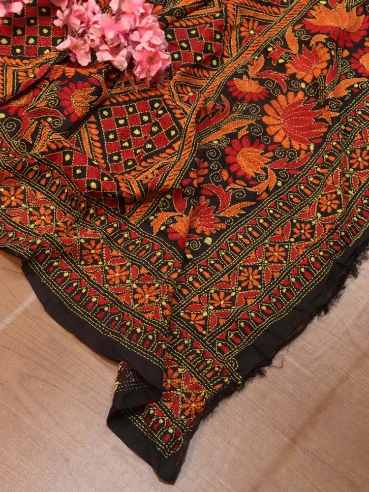 Black Hand Embroidered Kantha Bangalore Silk Dupatta
