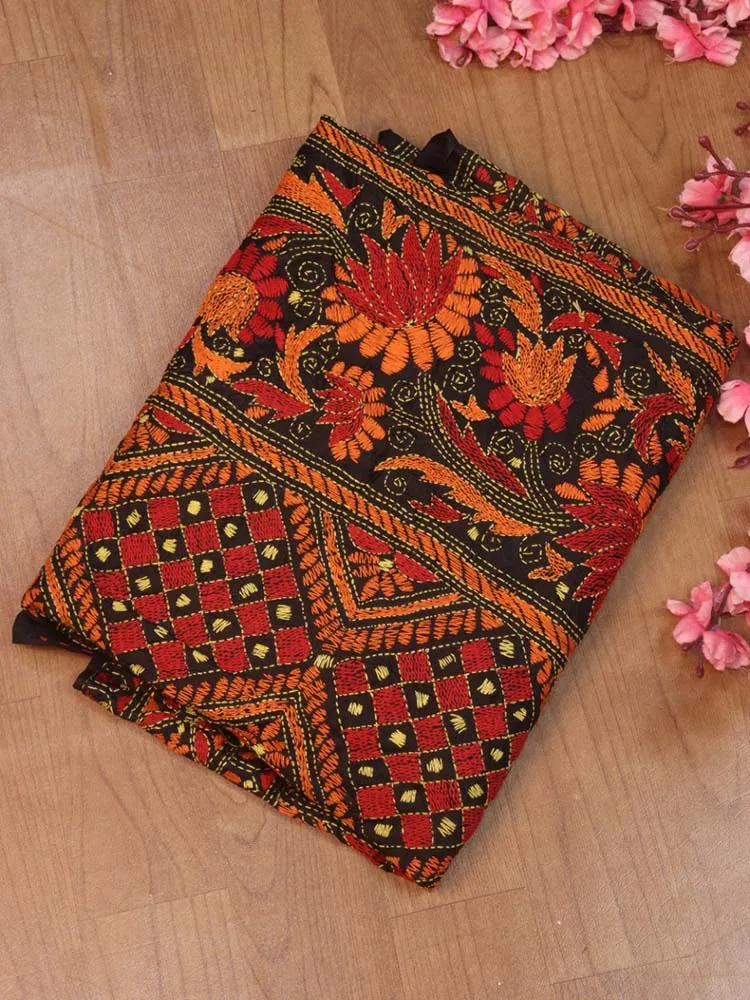 Black Hand Embroidered Kantha Bangalore Silk Dupatta
