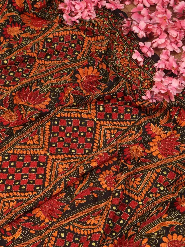 Black Hand Embroidered Kantha Bangalore Silk Dupatta