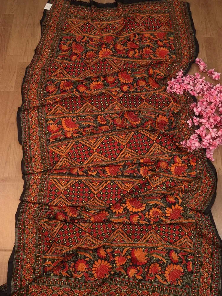 Black Hand Embroidered Kantha Bangalore Silk Dupatta
